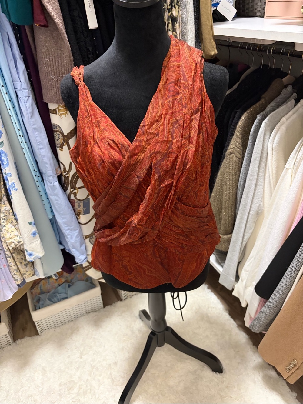 VINTAGE ✨Carmen Marc Valvo Signature Red-Orange Strapless Draped V-Neck Shirt - Picture 2 of 8